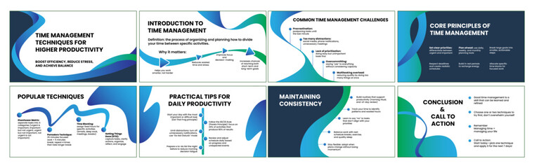 Modern presentation design with a blue–green theme, featuring organic curved shapes, dark–light contrast backgrounds, and clean layouts that highlight key visuals.
