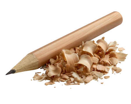 Sharpened wooden pencil with graphite tip lying on pile of fresh pencil shavings, isolated on transparency background, symbolizing creativity and education
