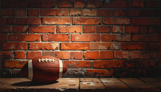 Classic football placed on a table against a rustic brick wall with clear copy space for text and design