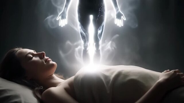 Woman lying down with her soul leaving body. Spirit energy or ghost leaves a human body. Concept of astral projection or reincarnation footage.
