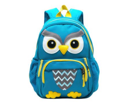 Blue children backpack with owl face design, yellow accents, and zigzag pattern on front pocket, suitable for kindergarten, playful and cheerful style for young kids