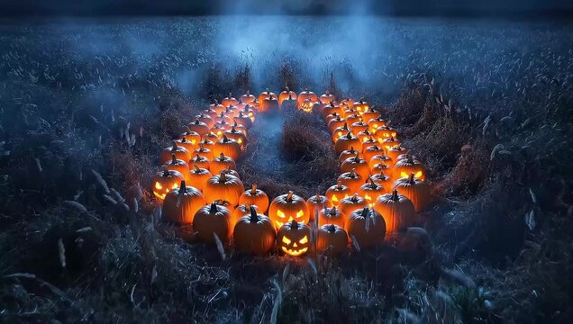 Spiral arrangement of carved jack-o-lanterns in a smoky field at night