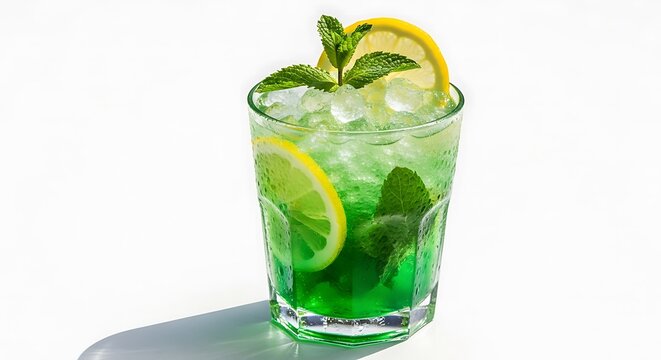 A vibrant and refreshing green mint cocktail with crushed ice and lemon garnish, a chilled summer citrus concoction isolated on a white background