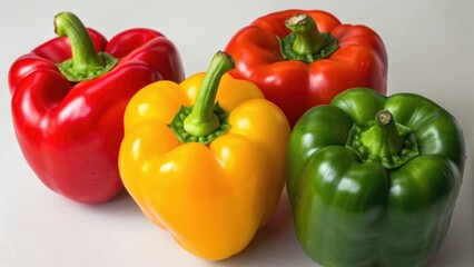 Four vibrant bell peppers in red, yellow, green, and orange arranged together on a light surface, showcasing their fresh and healthy appeal.