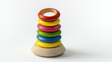 Colorful wooden stacking rings on a base