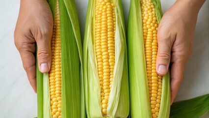 Fresh corn on the cob being held, showcasing vibrant yellow kernels and green husks, ready for cooking or consumption.