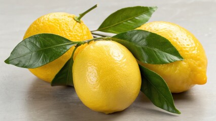 Three fresh lemons with vibrant green leaves arranged on a neutral background, showcasing their bright yellow color and natural texture.