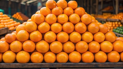 A vibrant stack of oranges showcases freshness and abundance in a market setting, highlighting the appeal of citrus fruits.