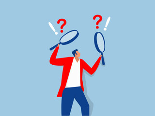 Businessman holding magnifying glass observe data with question mark.Finding solution in business concept.  Search for solution or new business opportunity, vector illustration