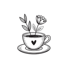 Whimsical Coffee Cup with Floral Accents A Charming Black and White Illustration for Lovers of Coffee and Nature