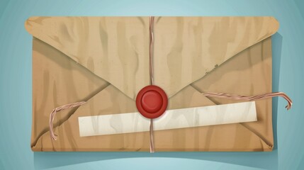 Fototapeta premium Vintage Brown Paper Envelope Sealed with Red Wax and Twisted String on Blue Background