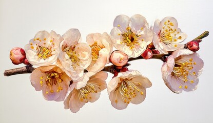 A delicate branch of spring blossoms, painted in soft pastel hues of peach and white, showcases the intricate beauty of blooming flowers.