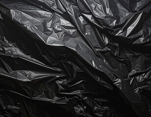 Close-up of wrinkled black plastic sheet, showing texture and reflections