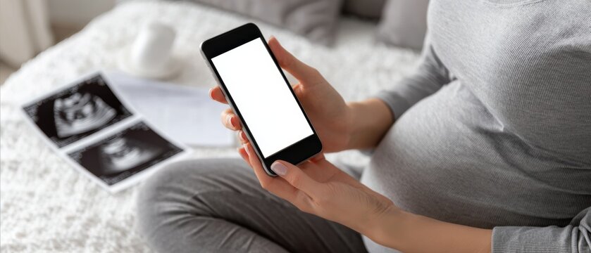 Modern Pregnant Woman Using Smartphone for Pregnancy Tracking Premium Authentic Maternity Digital Health Content for Family Marketing and Social Media