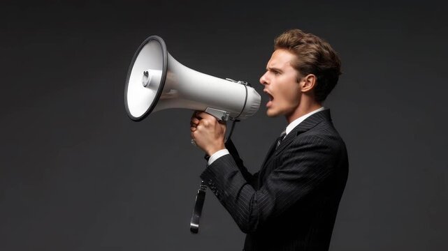 Man in suit gives important announcement with megaphone