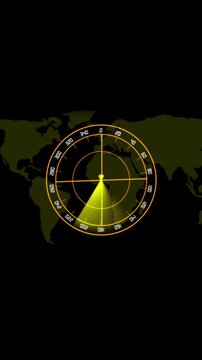 Futuristic yellow radar interface with sweeping light and world map silhouette vertical video. Animated yellow radar with sweeping beam and degree markings on world map silhouette vertical video.