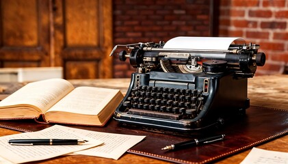 Antique Black Typewriter with Open Book on Wooden Desk in Warmly Lit Study