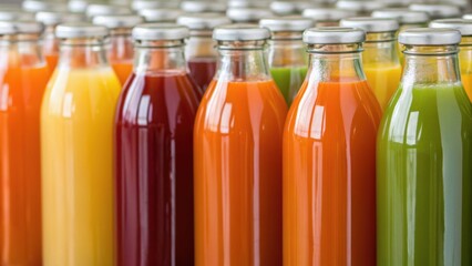 Colorful glass bottles filled with various juices neatly arranged in rows, showcasing a vibrant assortment of flavors.