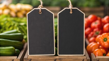 Two blank chalkboard tags hanging in a market surrounded by fresh vegetables and tomatoes, ideal for labeling produce.