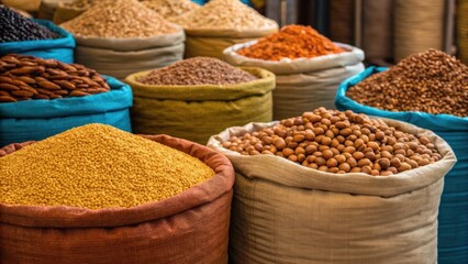 Colorful sacks filled with various spices and grains create a vibrant market display, showcasing the diversity of culinary ingredients.