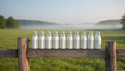 row of fresh milk bottles on a rustic wooden fence in a foggy morning pasture, representing farm dairy products in a rural countryside landscape.