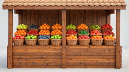 A fruit stand features colorful baskets of various fruits, arranged neatly in a wooden structure, showcasing a variety of produce.