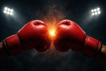 Clashing boxing gloves with bold VS typography dramatic smoke and stadium lights