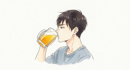 ビールジョッキでビールを飲む男性若者の横顔イラスト