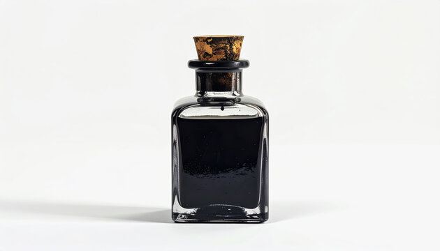 Elegant black vinegar bottle centered on white background with soft lighting and copy space for textual content
