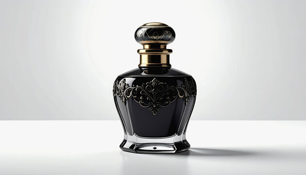 Vintage perfume bottle beautifully centered on white background with soft lighting and copy space for textual content