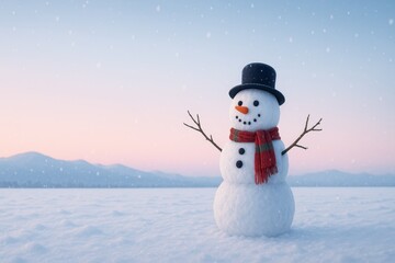 Obraz premium Cheerful snowman in wide snowy meadow with mountains and pastel sunrise sky panorama