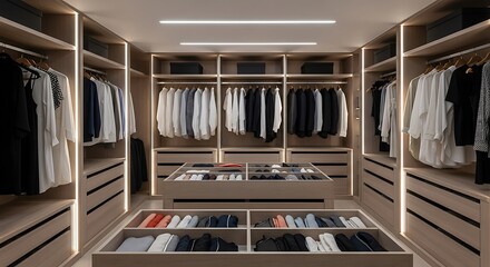 A spacious and luxurious walk-in closet with custom wooden cabinetry, neatly organized clothes, and integrated modern lighting
