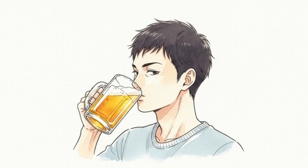 ビールジョッキでビールを飲む男性若者の横顔イラスト