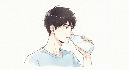 牛乳瓶で牛乳を飲む若者男性の横顔