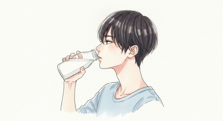 牛乳瓶で牛乳を飲む若者男性の横顔