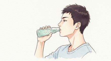 ラムネを飲む若者の横顔イラスト