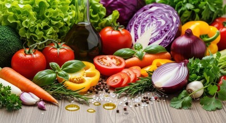 Fresh, vibrant vegetables and herbs are arranged on a wooden surface, with a bottle of oil, creating a healthy, colorful display of various produce; the  composition features tomatoes, lettuce,...