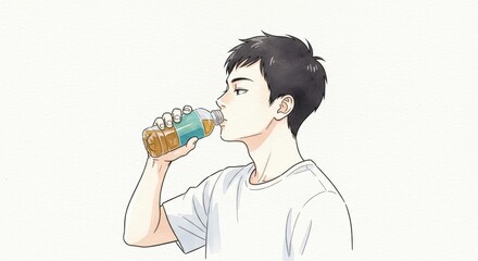 ペットボトルのお茶を飲む若者の横顔イラスト
