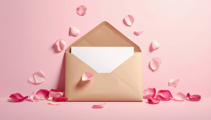 Open envelope with blank paper surrounded by colorful flower petals creating an artistic and romantic atmosphere