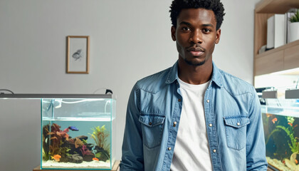 Male aquarium hobbyist in blue denim shirt standing proudly in front of his impressive fish tank displaying aquatic life