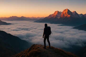 Obraz premium Solo hiker standing on summit ridge at sunrise above clouds panoramic mountain view