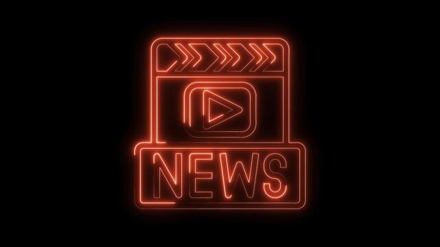 Neon news media and entertainment broadcast with movie clapper glowing on a black background