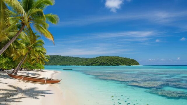 Tropical beach scene with swaying palm trees casting shadows on white sand Clear turquoise water reveals coral fish and distant lush island A wooden boat rests ashore under bright blue sky
