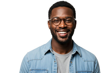 Confident black man with glasses wearing a denim shirt smiling warmly for a portrait transparent background