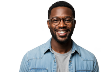 Confident black man with glasses wearing a denim shirt smiling warmly for a portrait transparent background
