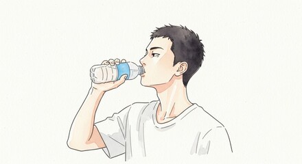 ペットボトルの水を飲む男性の横顔イラスト