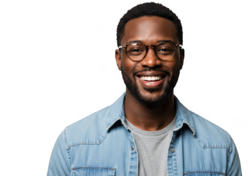 Confident black man with glasses wearing a denim shirt smiling warmly for a portrait transparent background - Powered by Adobe