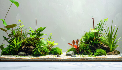Beautifully arranged planted aquarium featuring lush green aquatic plants with clear water and vibrant fishes