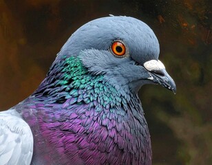 Close-up of a vibrant pigeon, showcasing its colorful iridescent feathers and eye