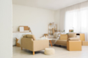 Blurred view of sofas with cardboard boxes in living room on moving day